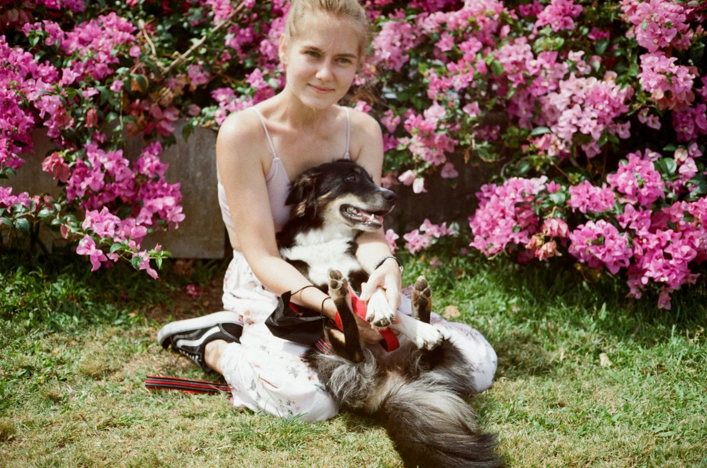 Young woman holding her dog in front of pink bougainvillea flowers